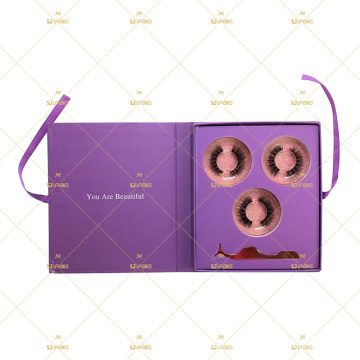 3 Pairs Lash Bundle Tweezers Purple Magnetic Closure Gift Box Ribbon Bowknot Own Logo Packaging For 5D Mink Lashes Lash Book